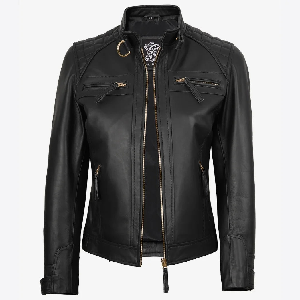 Women's Black Real Leather Biker Style Jacket with Golden Details