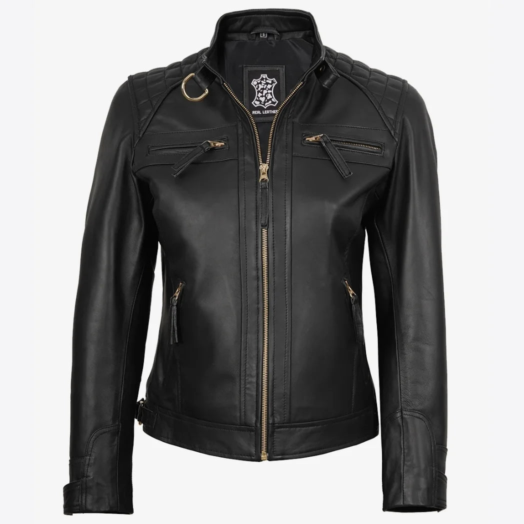 Women's Black Real Leather Biker Style Jacket with Golden Details