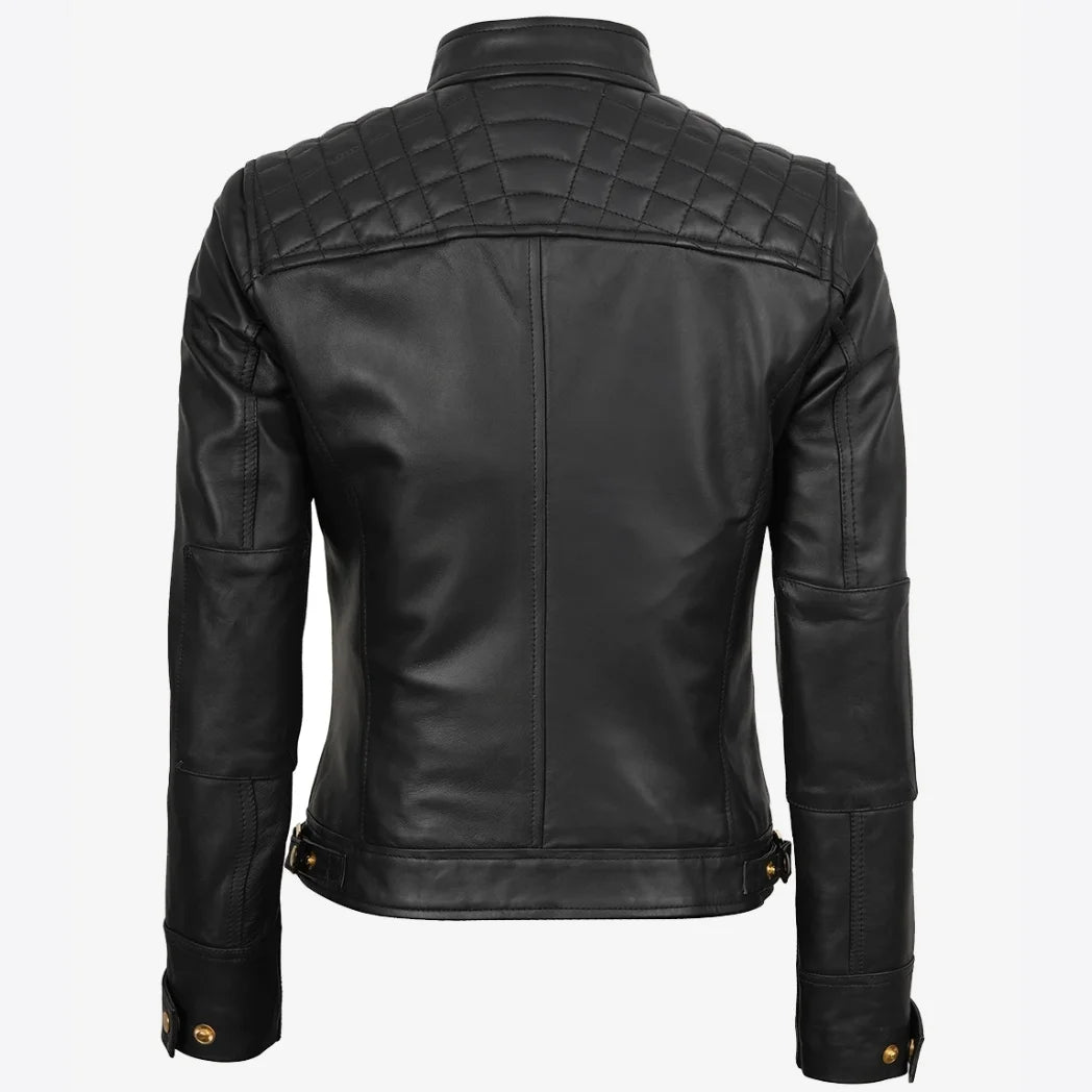 Women's Black Real Leather Biker Style Jacket with Golden Details