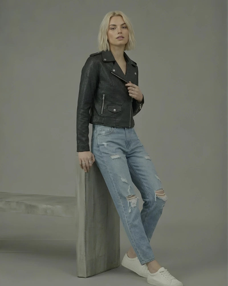 Women's Black Cropped Biker Leather Jacket