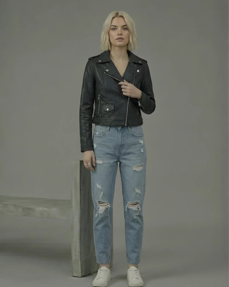 Women's Black Cropped Biker Leather Jacket