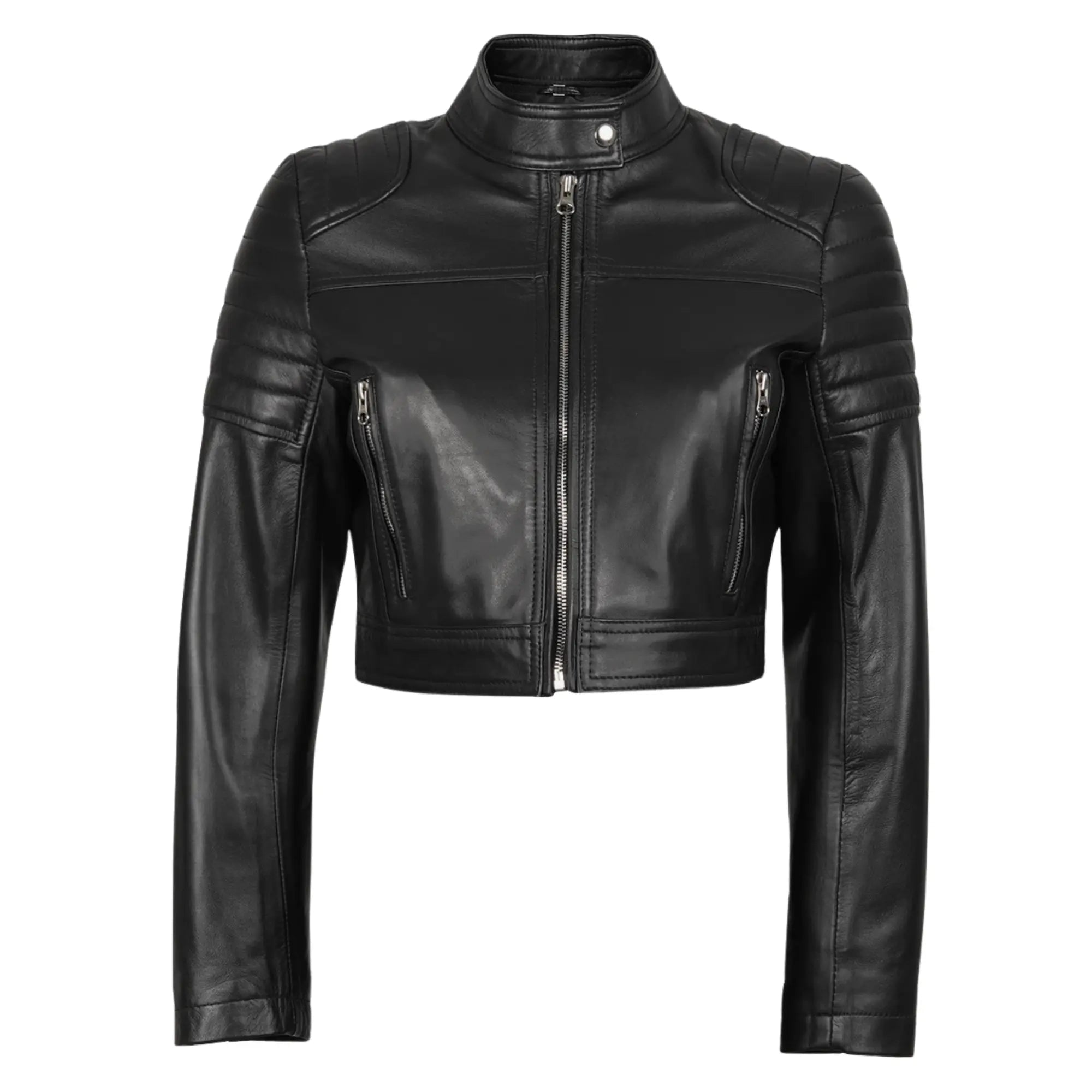 Women's Black Cropped Biker Style Sheepskin Leather Jacket