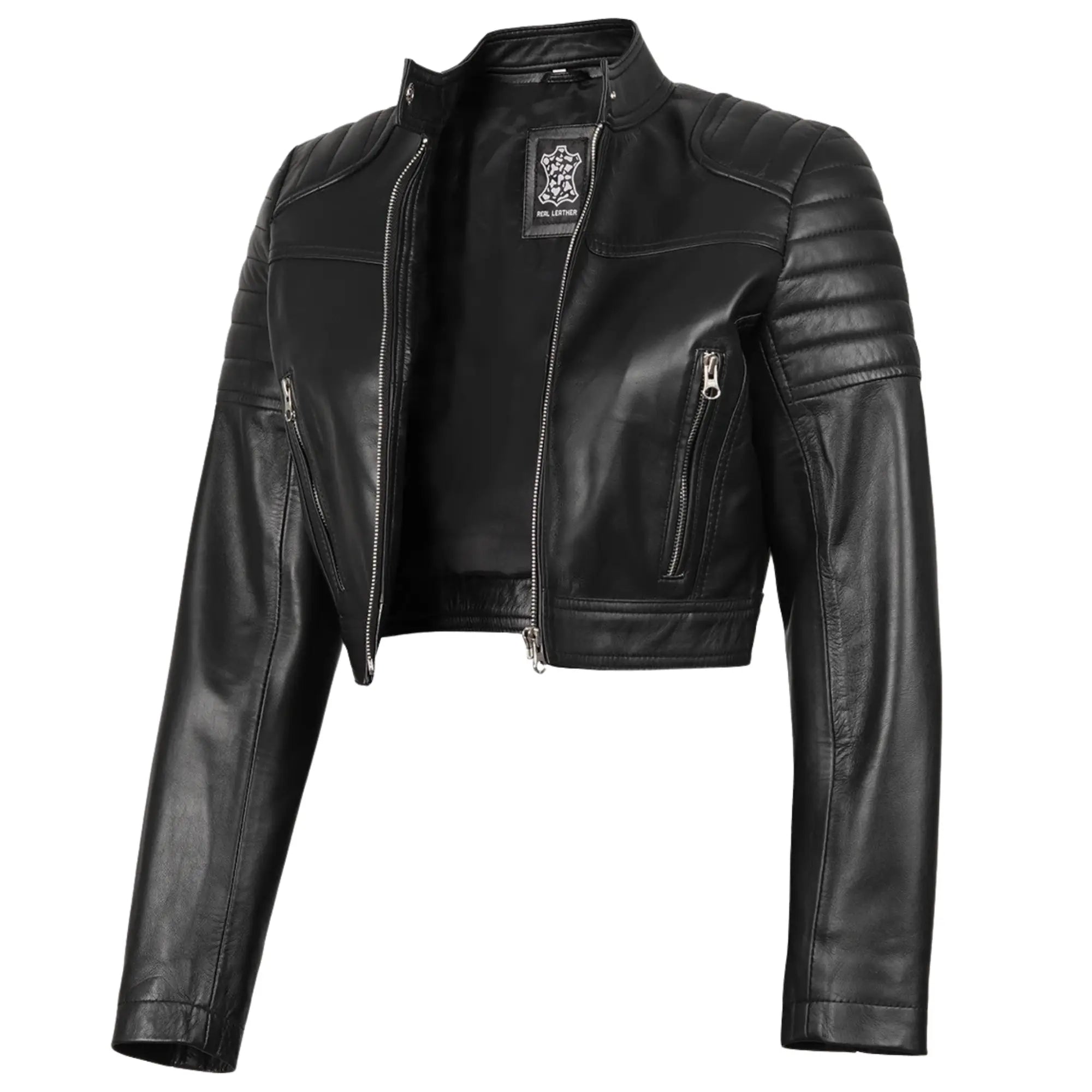 Women's Black Cropped Biker Style Sheepskin Leather Jacket
