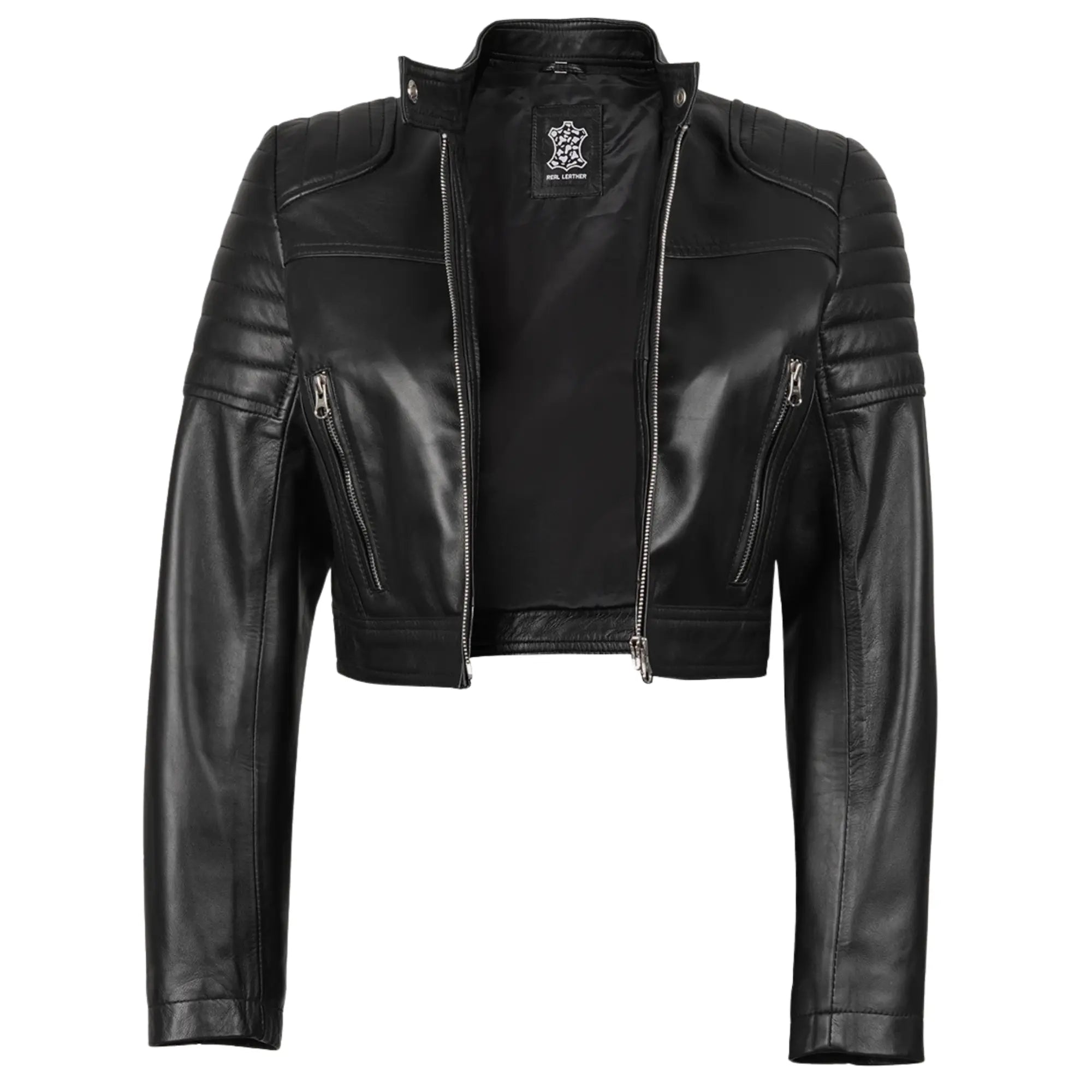 Women's Black Cropped Biker Style Sheepskin Leather Jacket