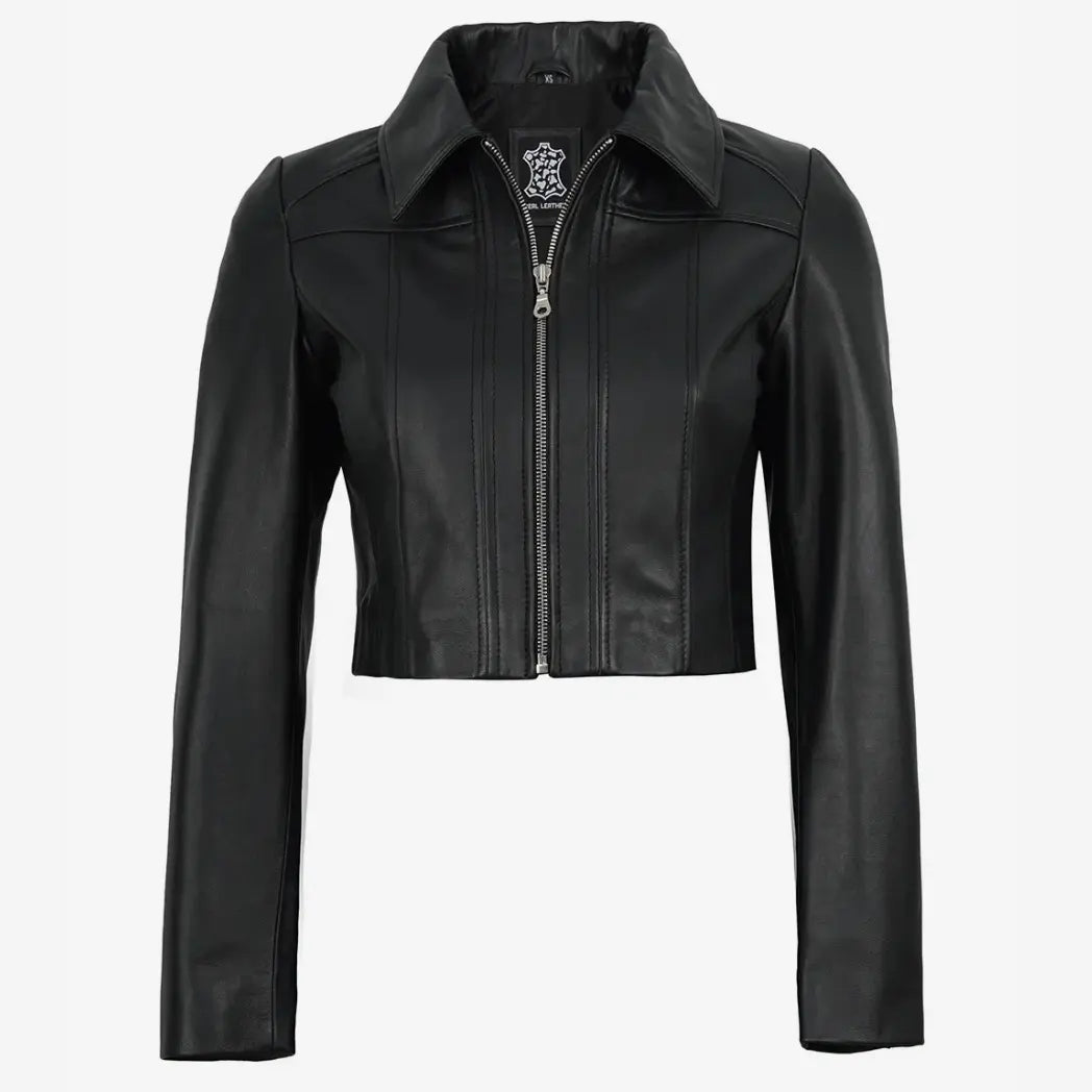 Women's Black Cropped Leather Jacket with Shirt Collar