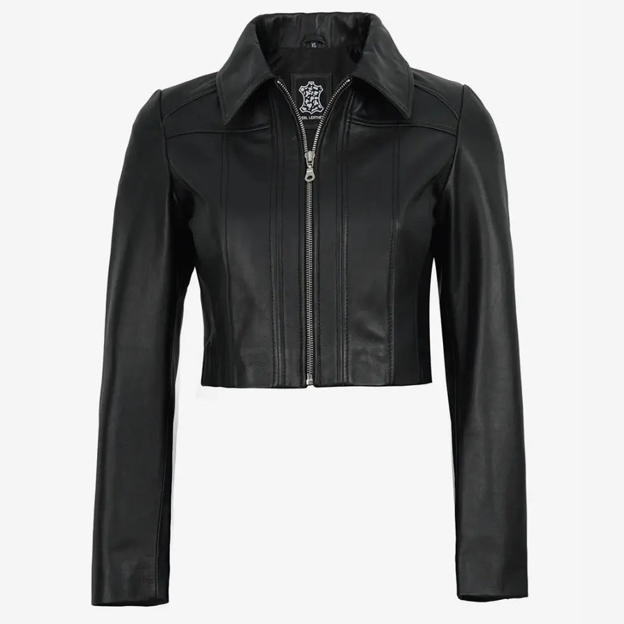 Women's Black Cropped Leather Jacket with Shirt Collar