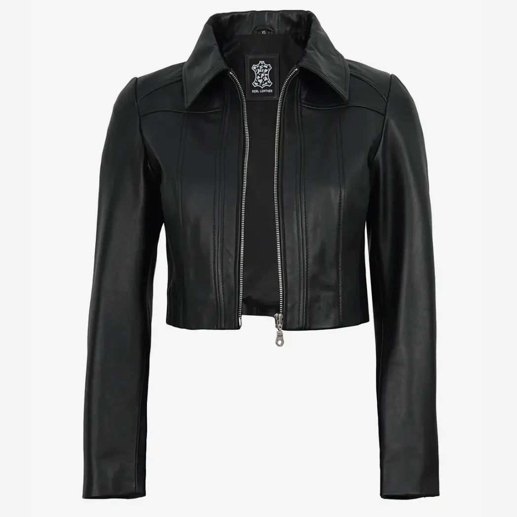 Women's Black Cropped Leather Jacket with Shirt Collar