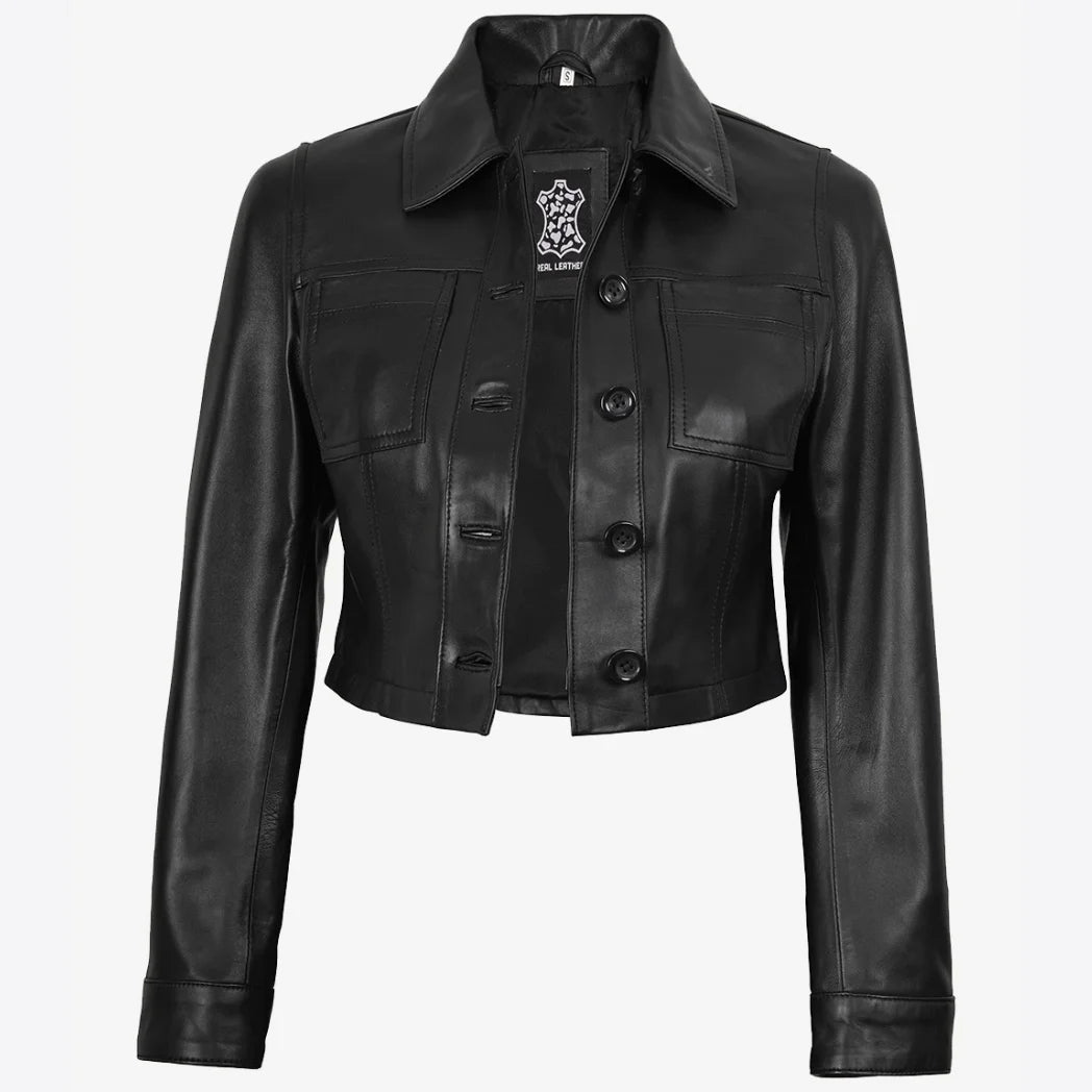 Women's Black Cropped Real Lambskin Leather Jacket