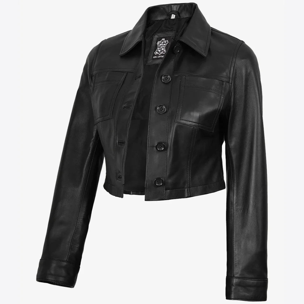 Women's Black Cropped Real Lambskin Leather Jacket
