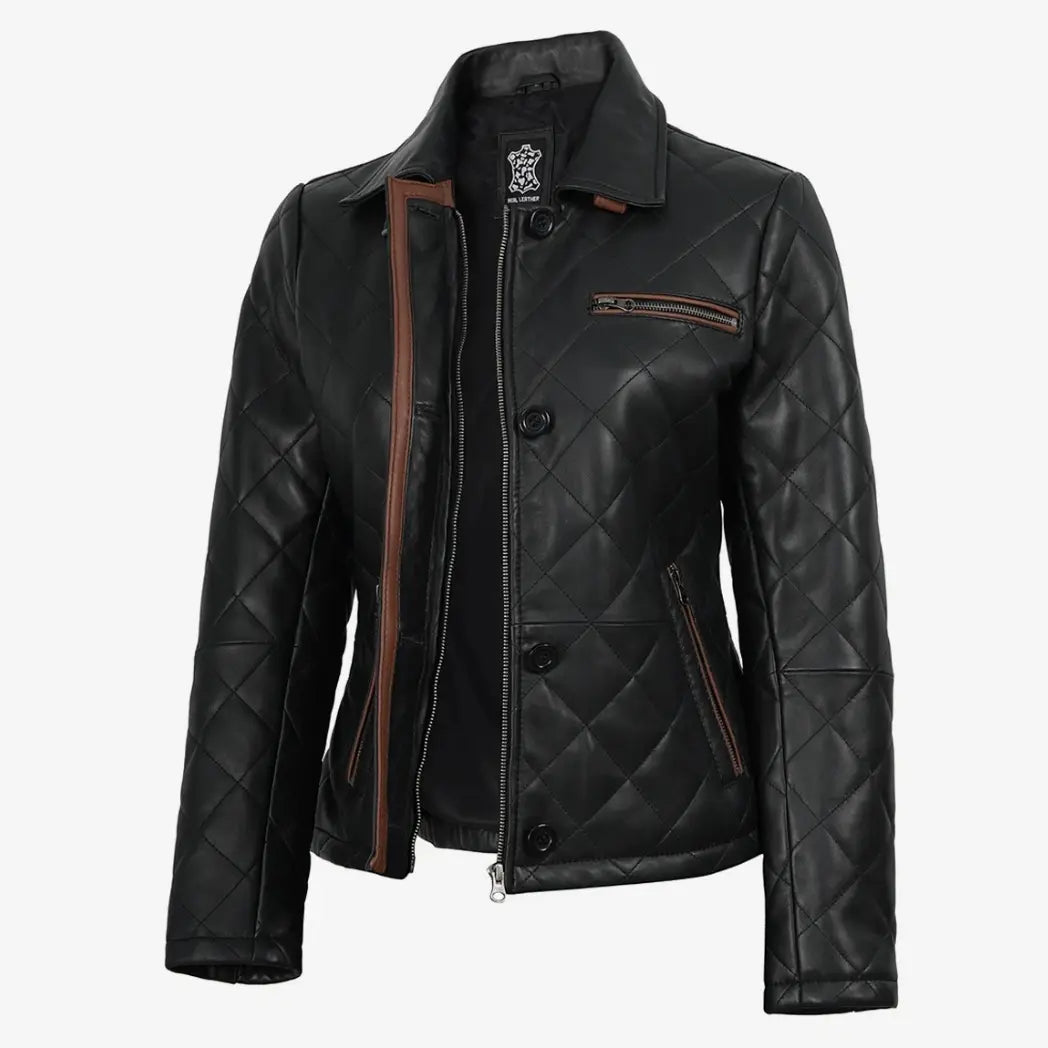 Women's Black Diamond Quilted Leather Jacket with Brown Trim