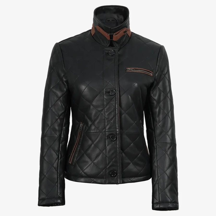 Women's Black Diamond Quilted Leather Jacket with Brown Trim