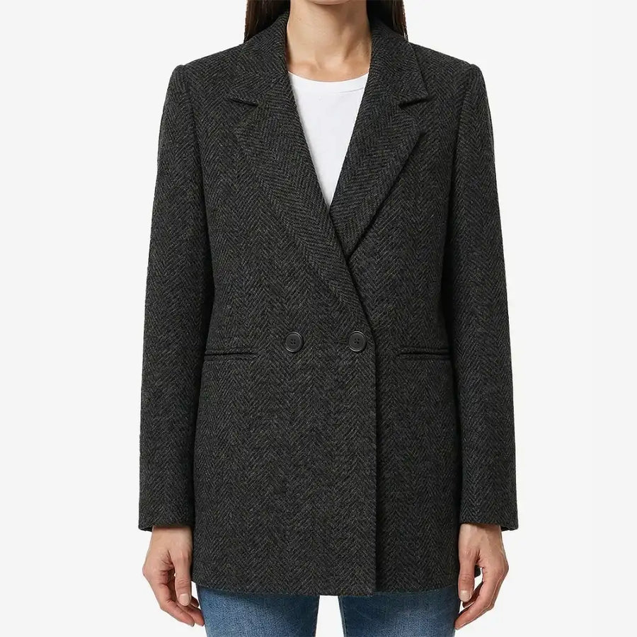 Women's Black Double Breasted Herringbone Wool Blazer