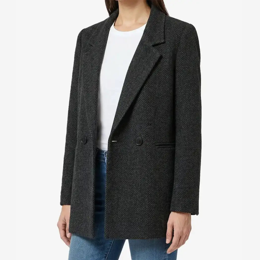 Women's Black Double Breasted Herringbone Wool Blazer