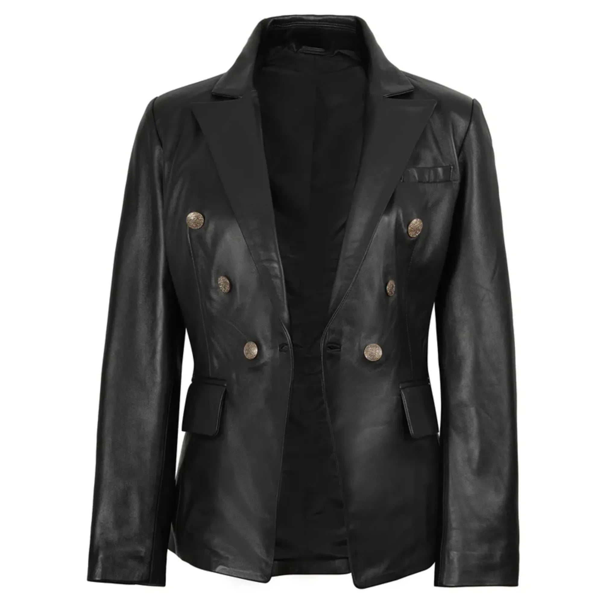 Women's Black Double Breasted Leather Blazer
