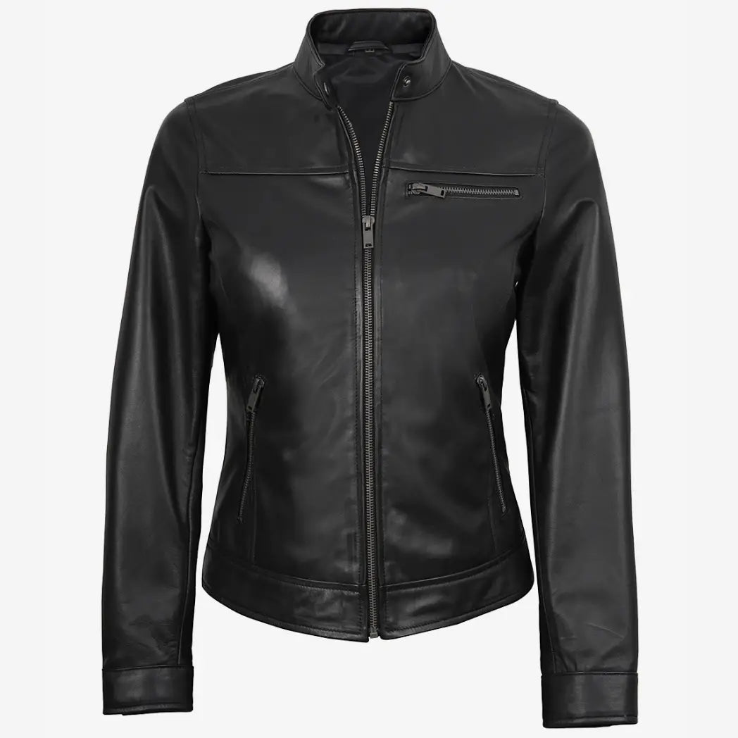 Women's Black Lambskin Biker Style Leather Jacket