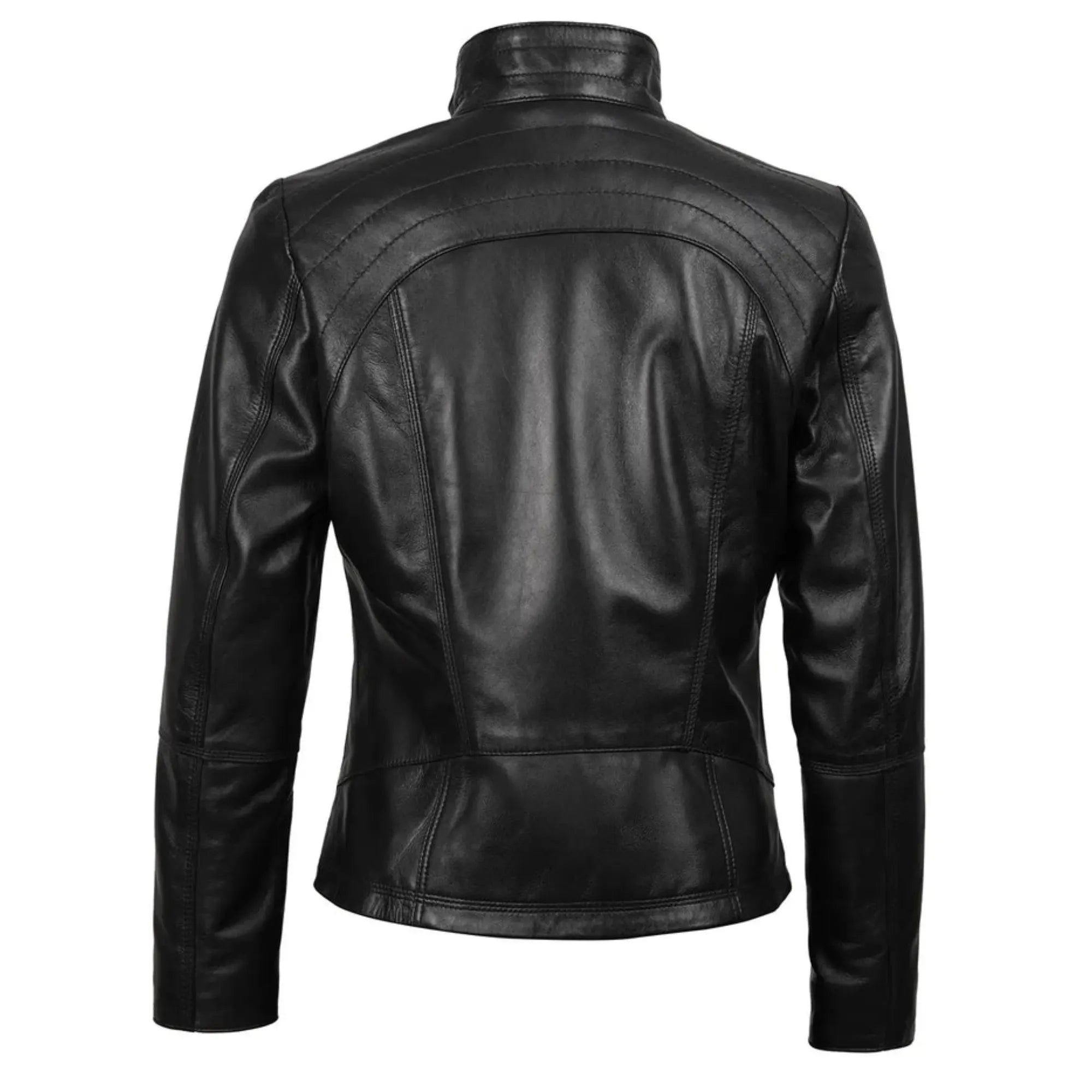 Acerra Women's Black Leather Biker Style Jacket on a white background