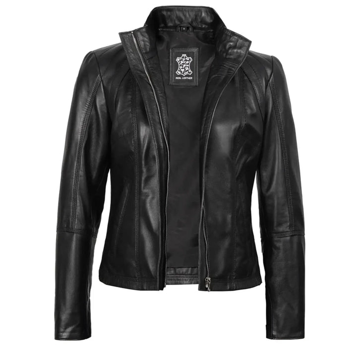 Acerra Women's Black Leather Biker Style Jacket on a white background