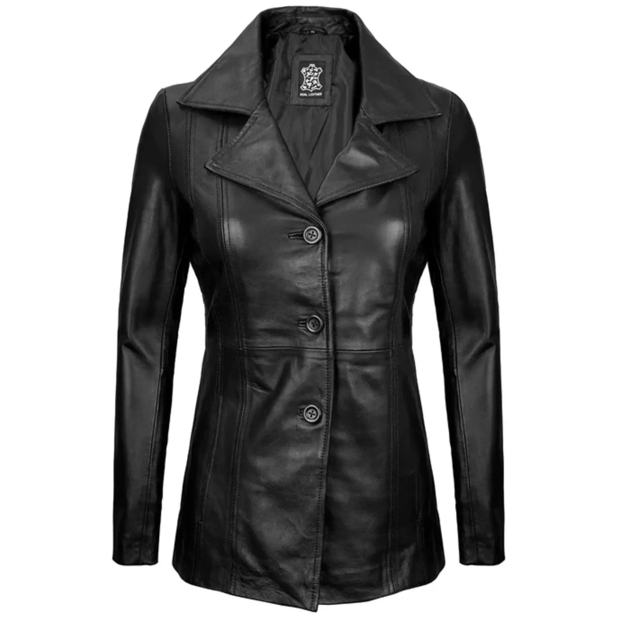 Women's Black Leather Blazer with Three Button