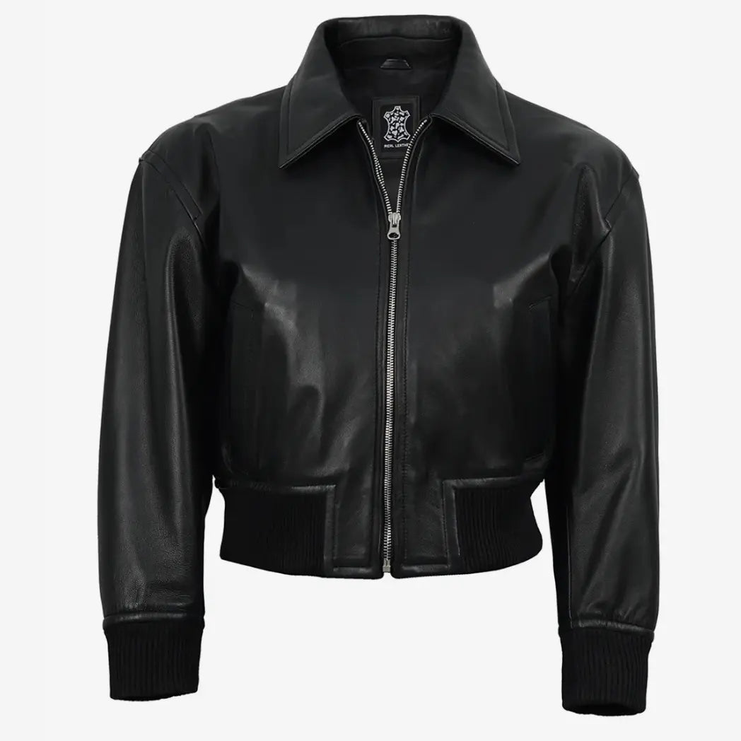 Women's Black Leather Cropped Style Bomber Jacket