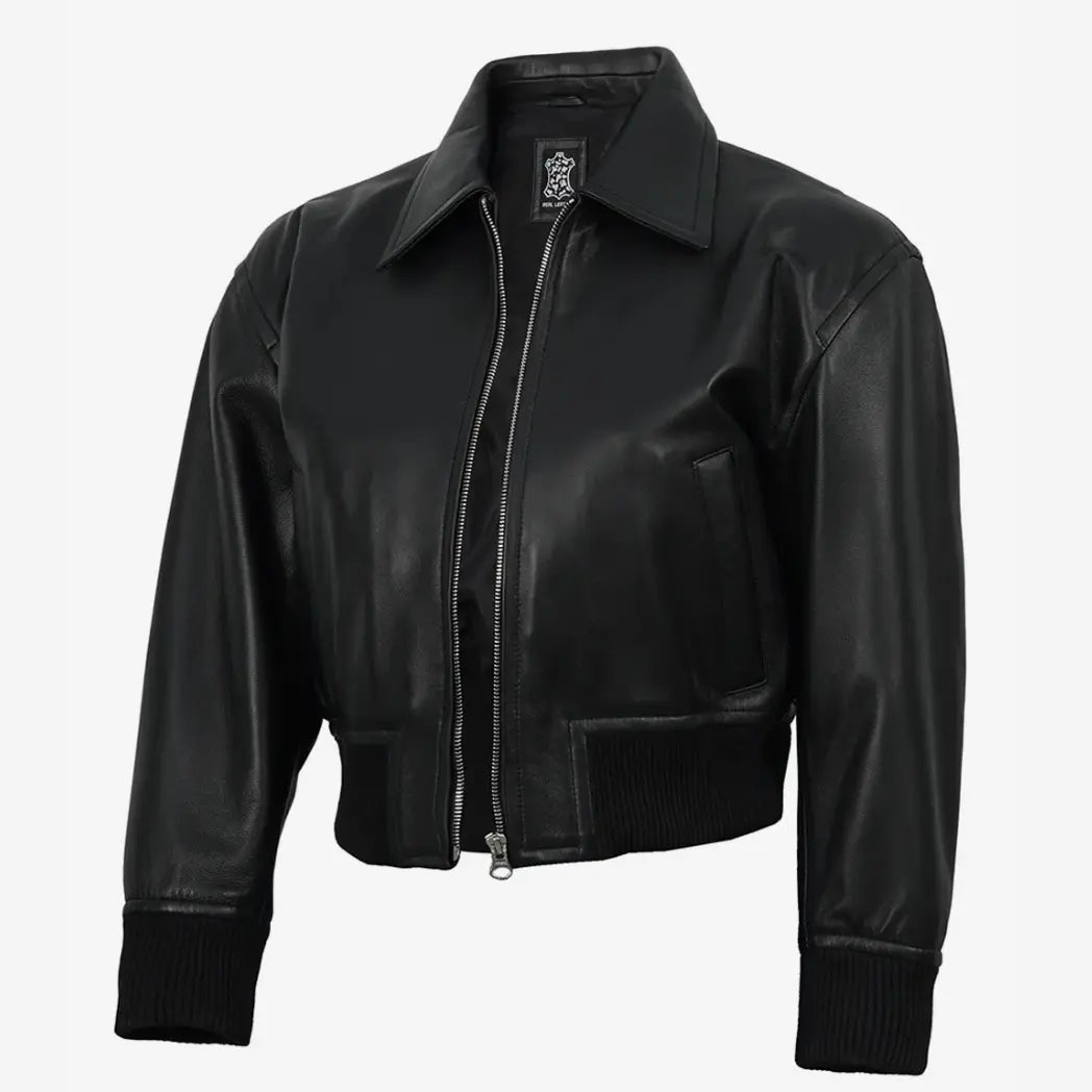Women's Black Leather Cropped Style Bomber Jacket