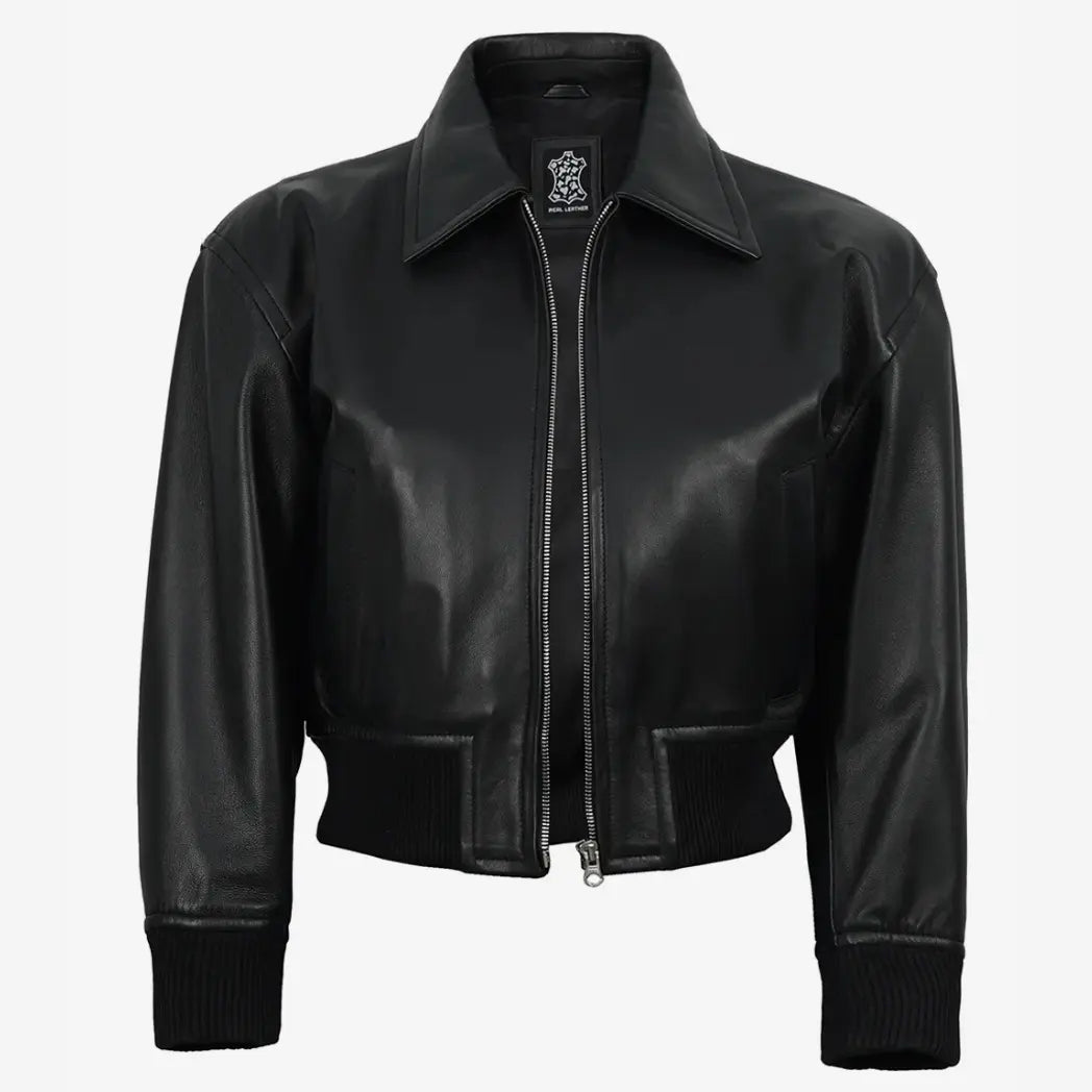 Women's Black Leather Cropped Style Bomber Jacket