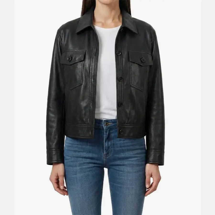 Women's Black Leather Drop Shoulder Trucker Jacket