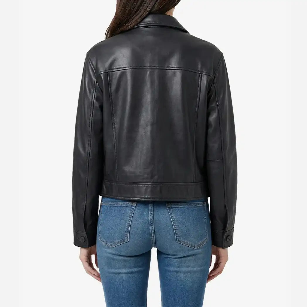 Women's Black Leather Drop Shoulder Trucker Jacket