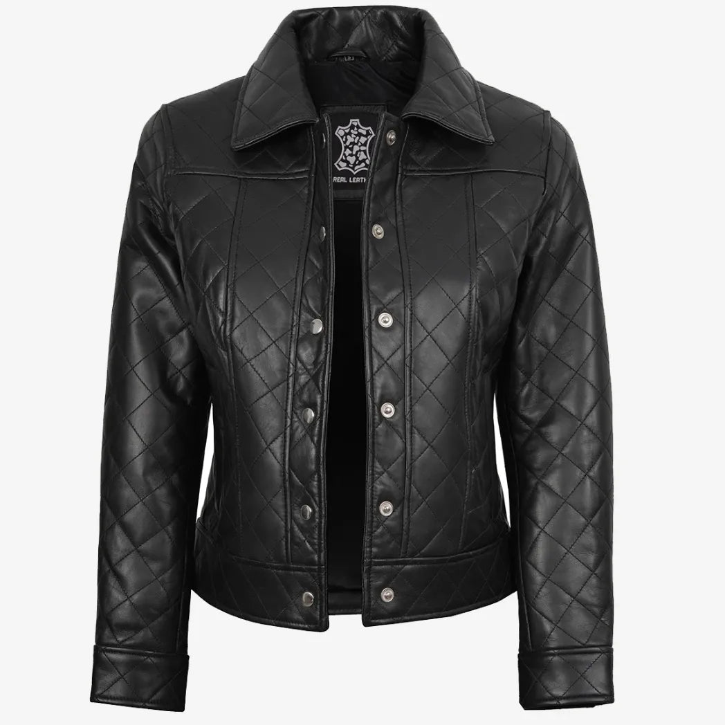 Women's Black Quilted Harrington Style Leather Jacket