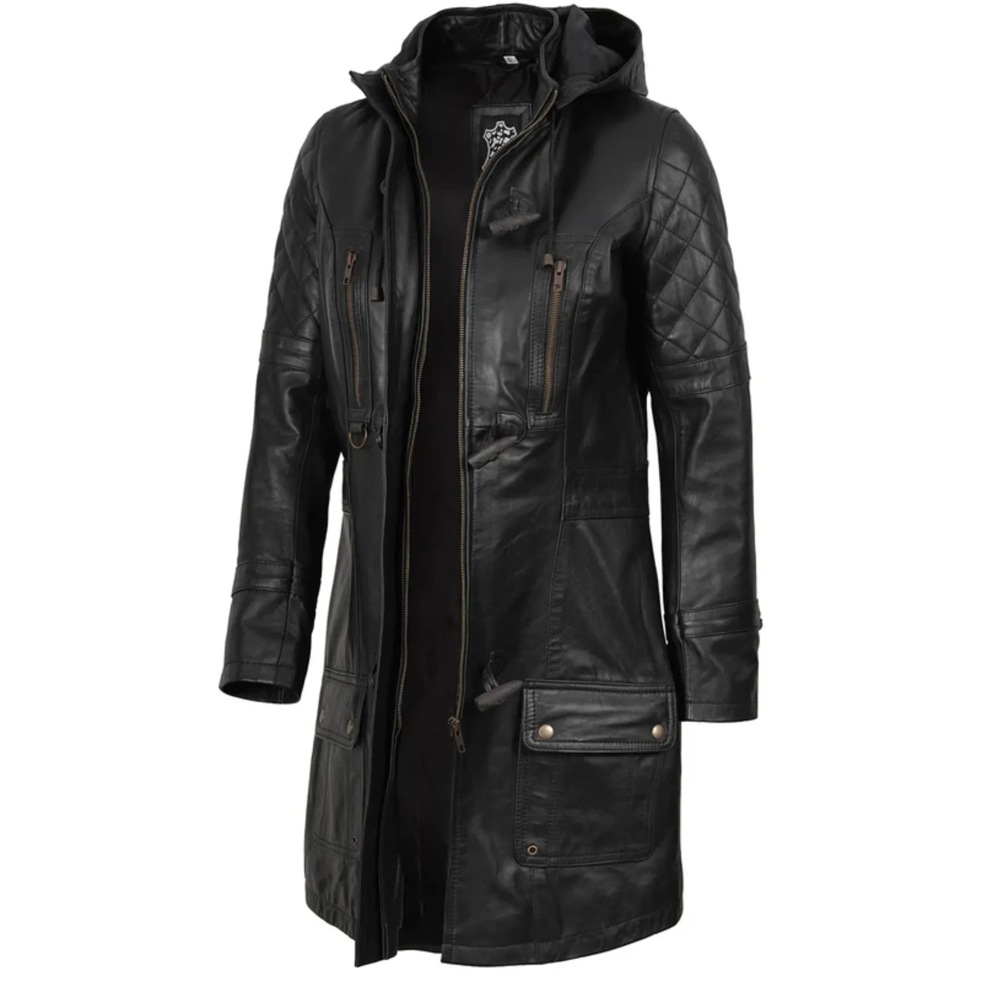 Women’s Black Quilted Leather Coat With Removable Hood