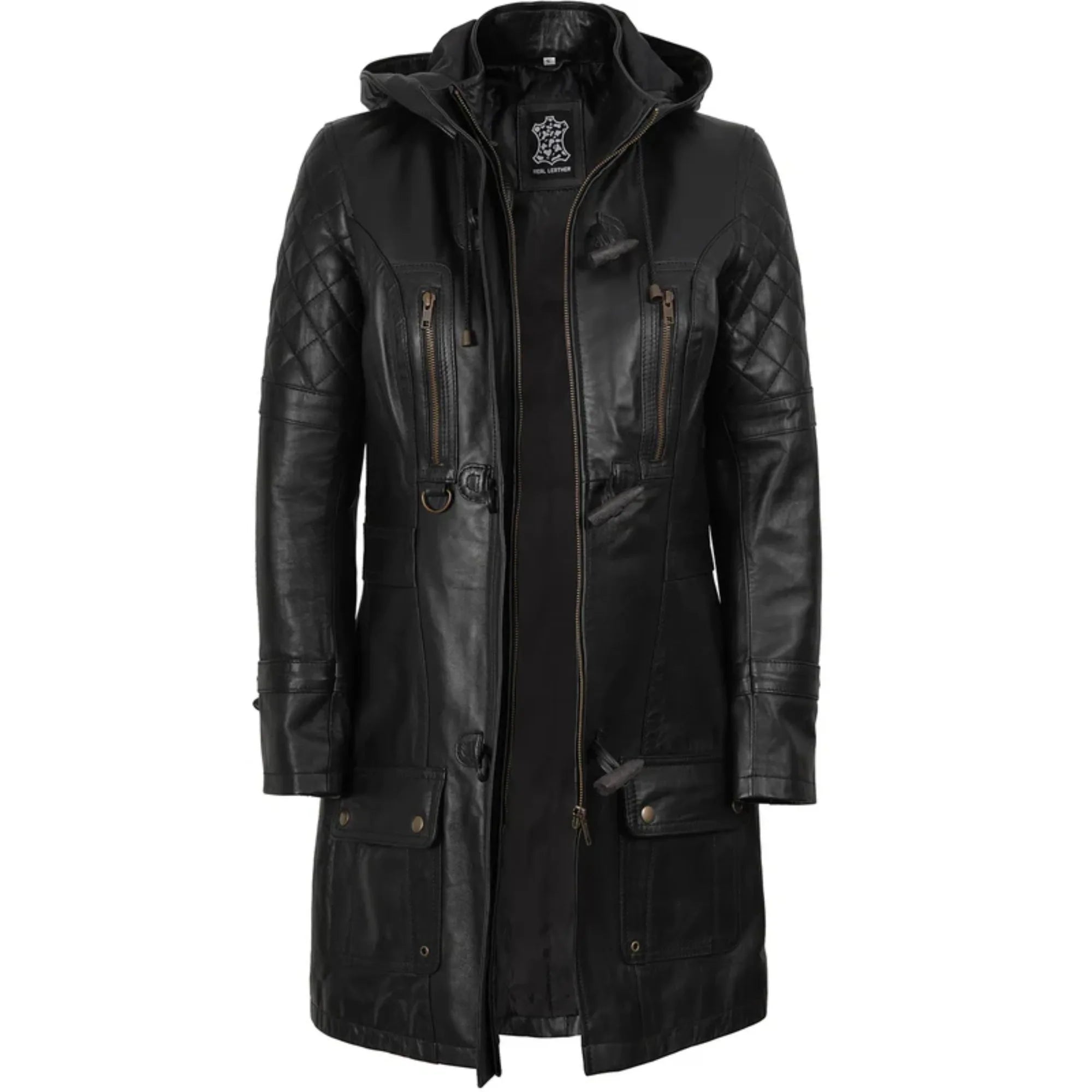 Women’s Black Quilted Leather Coat With Removable Hood