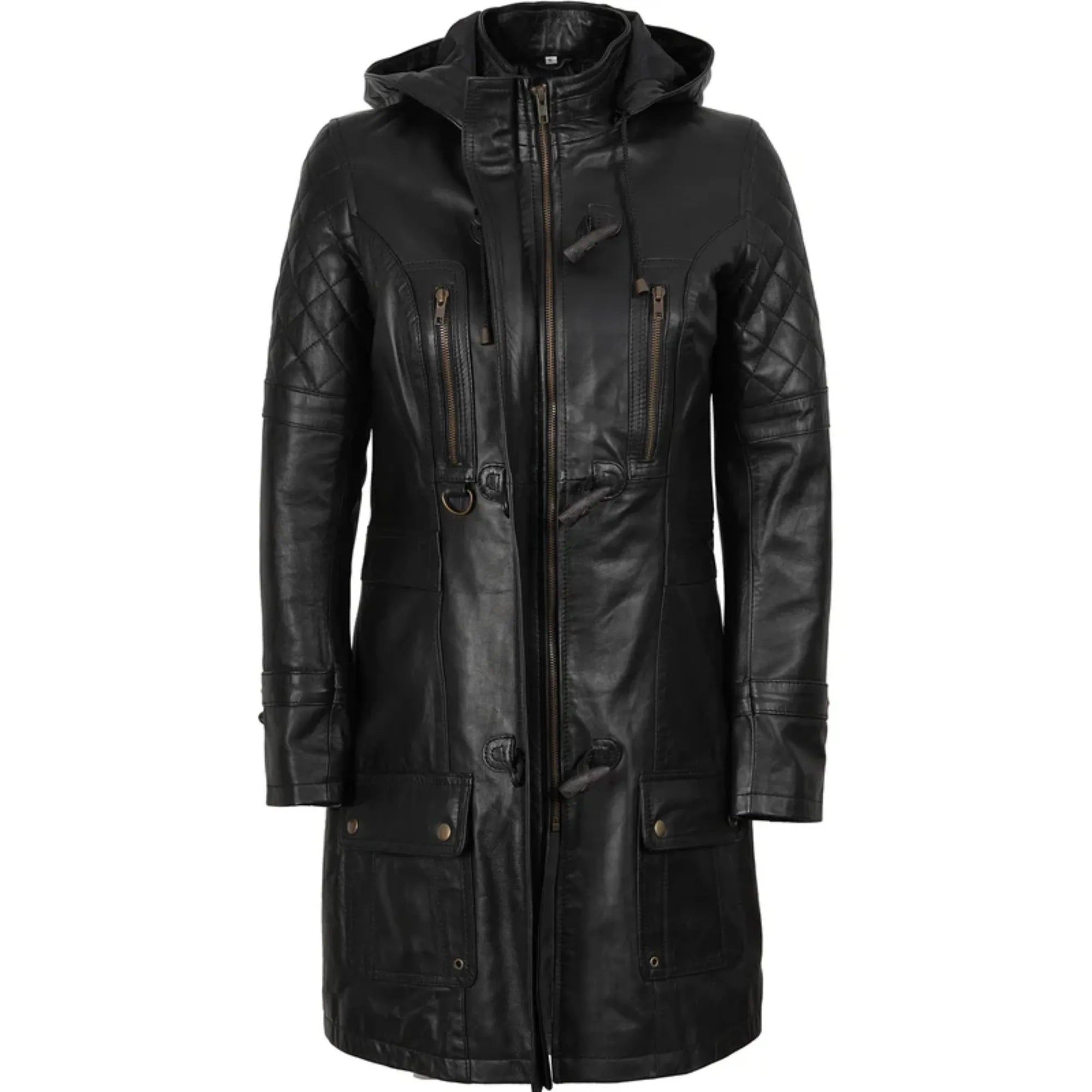 Women’s Black Quilted Leather Coat With Removable Hood