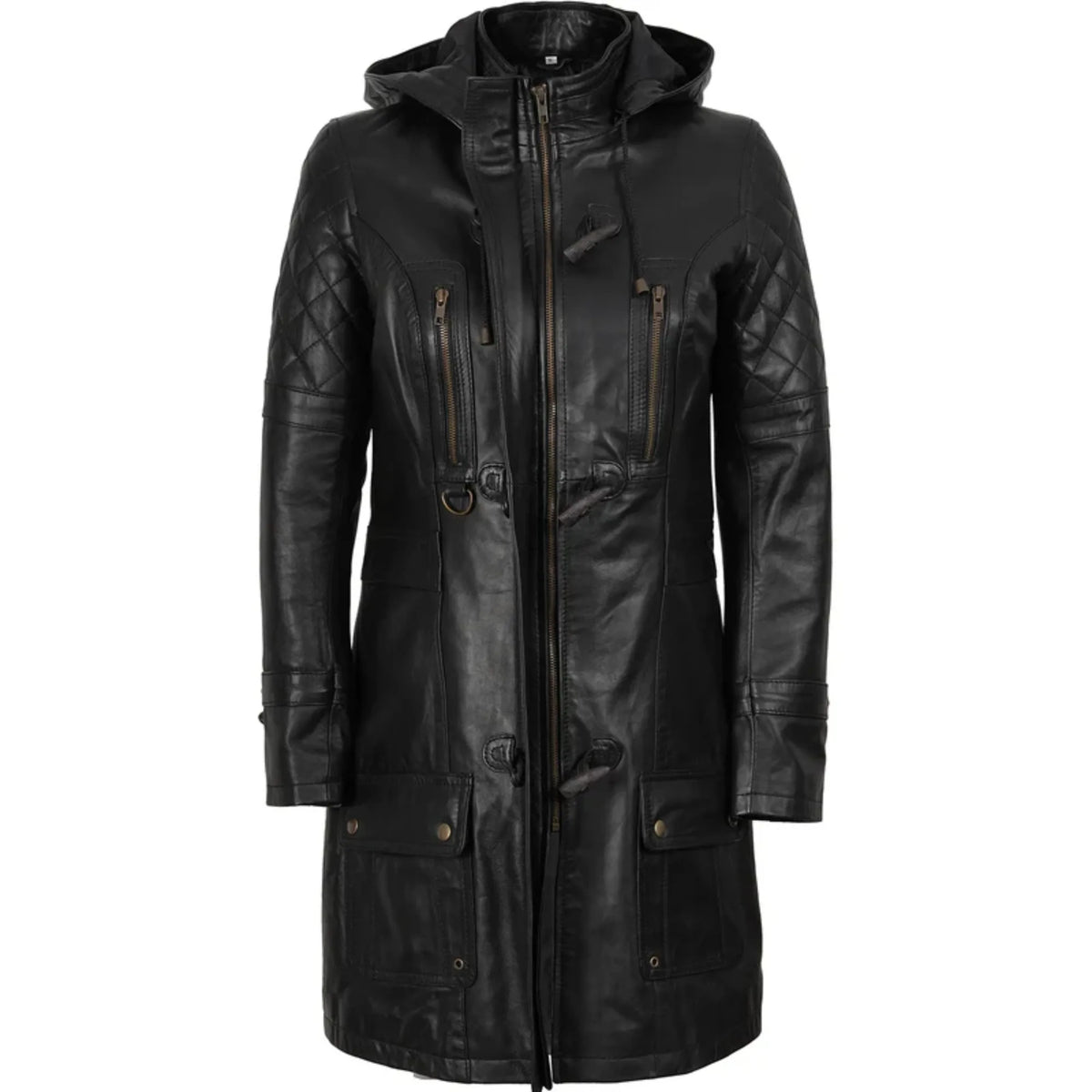 Women’s Black Quilted Leather Coat With Removable Hood