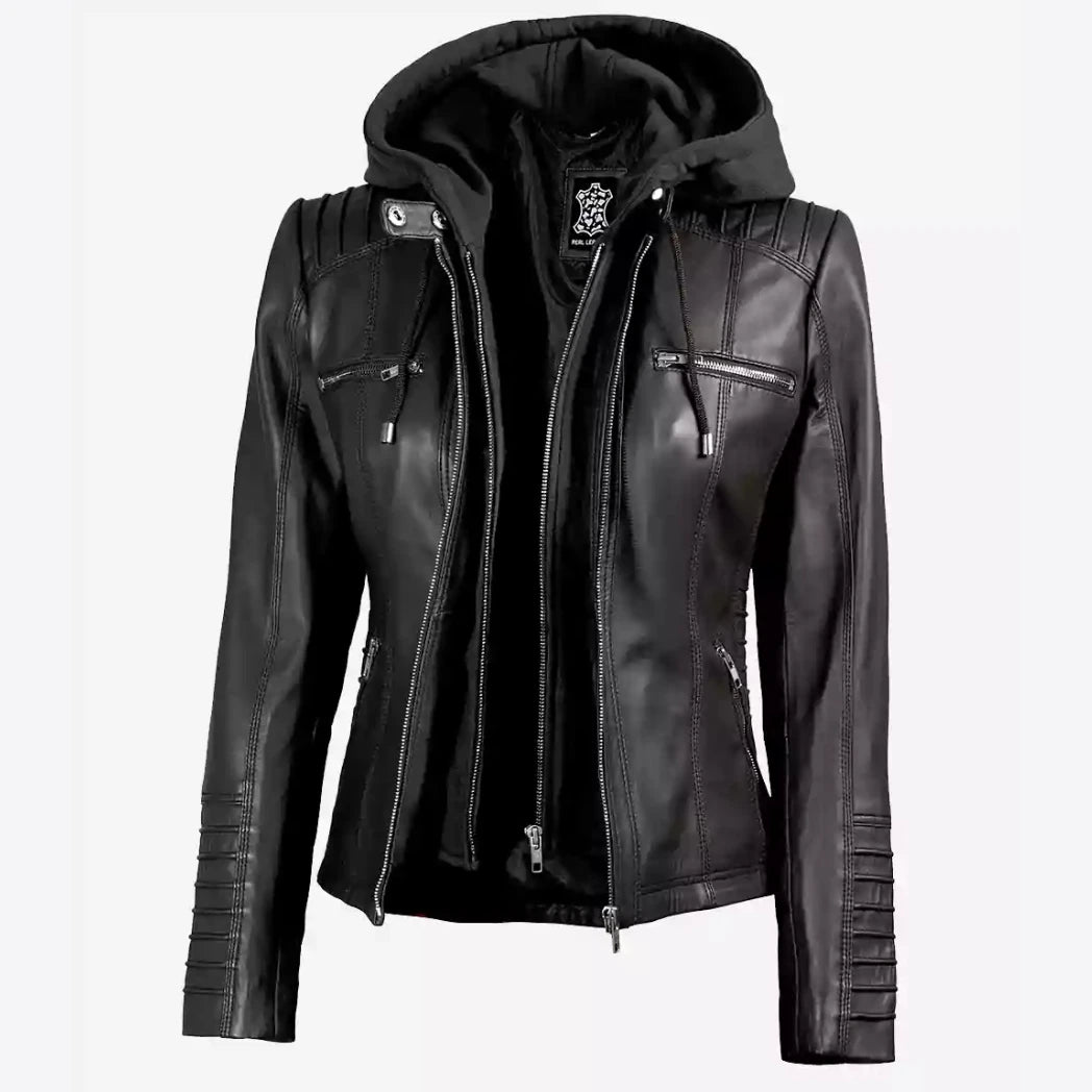 Women's Black Real Lambskin Leather Jacket with Removable Hood