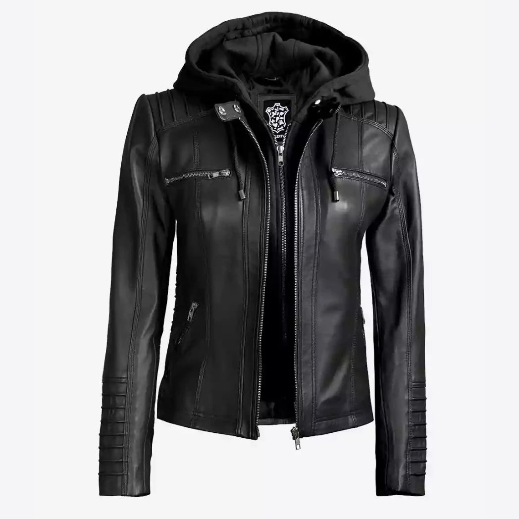 Women's Black Real Lambskin Leather Jacket with Removable Hood