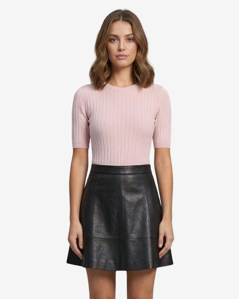 Women's Black Sheepskin Leather Flare Mini Skirt