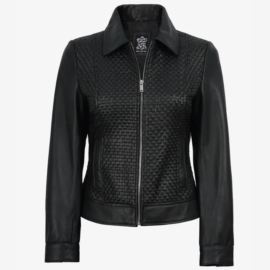 Women's Black Shirt Collar Harrington Leather Jacket