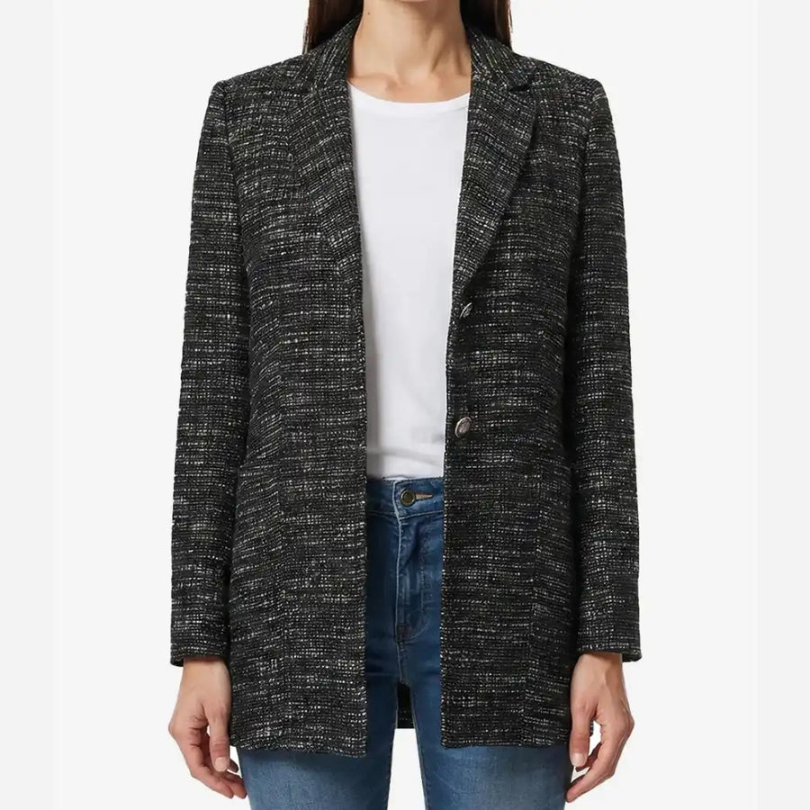 Women's Black Tweed Two Button Wool Blazer Jacket