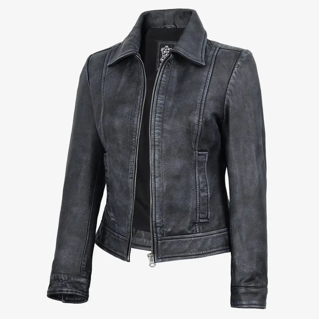 Women’s Black Washed Harrington Leather Jacket