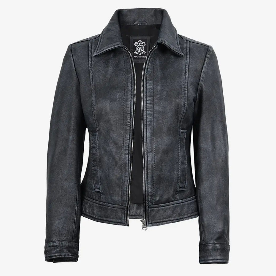 Women’s Black Washed Harrington Leather Jacket