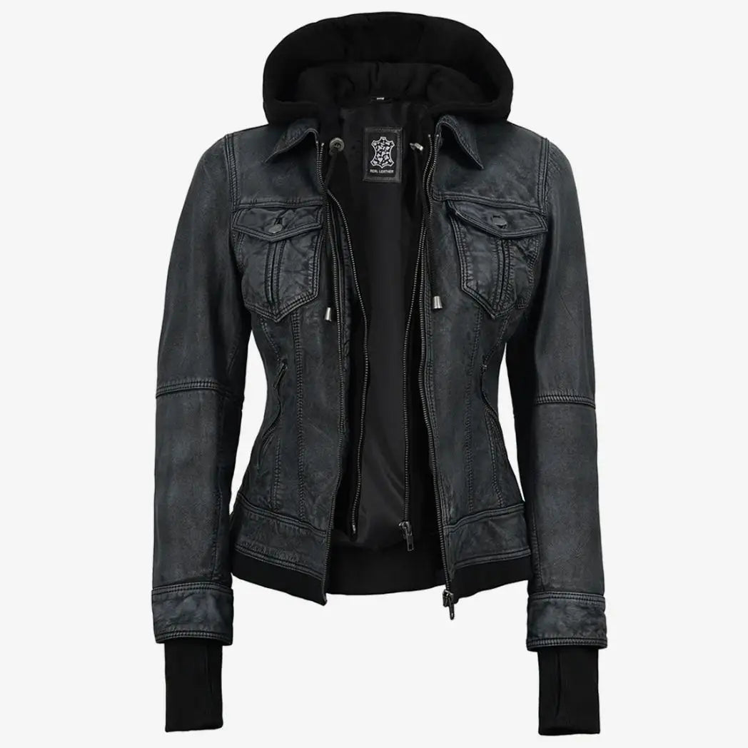 Women's Black Washed Leather Jacket with Removable Hood