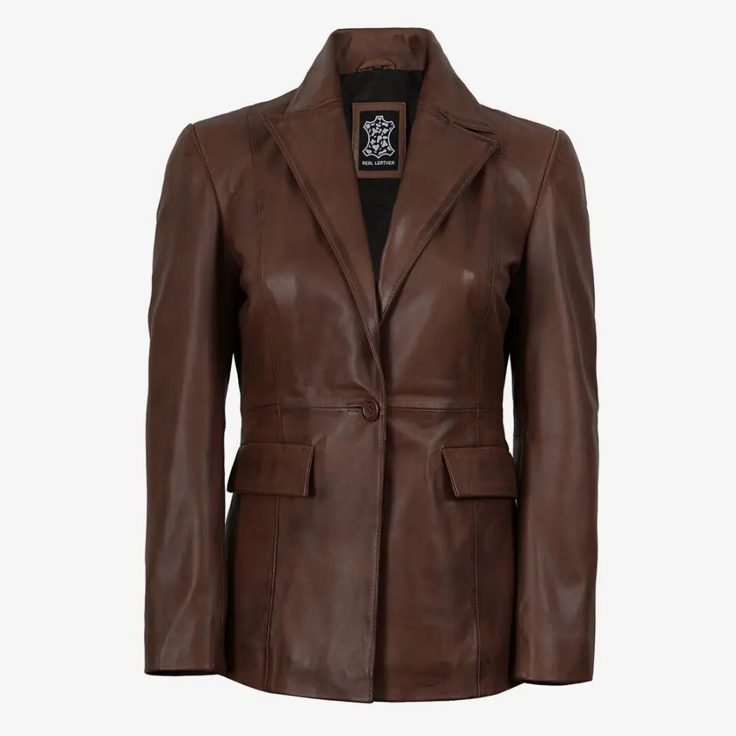 Women’s Brown Cognac Waxed Lambskin Leather Blazer