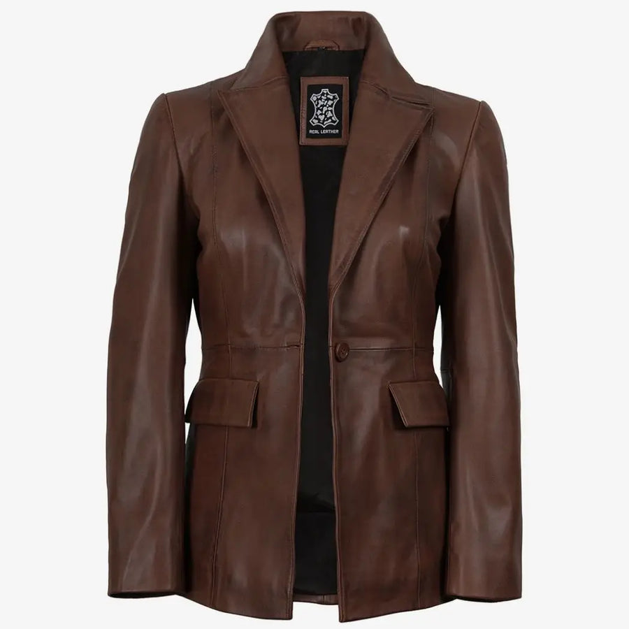 Women’s Brown Cognac Waxed Lambskin Leather Blazer