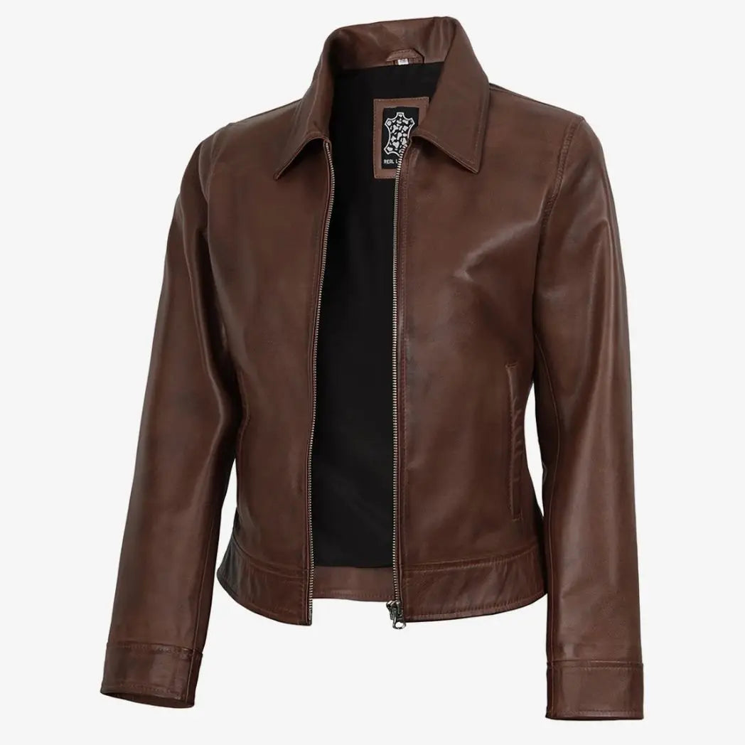 Women's Brown Cognac Waxed Real Lambskin Leather Jacket