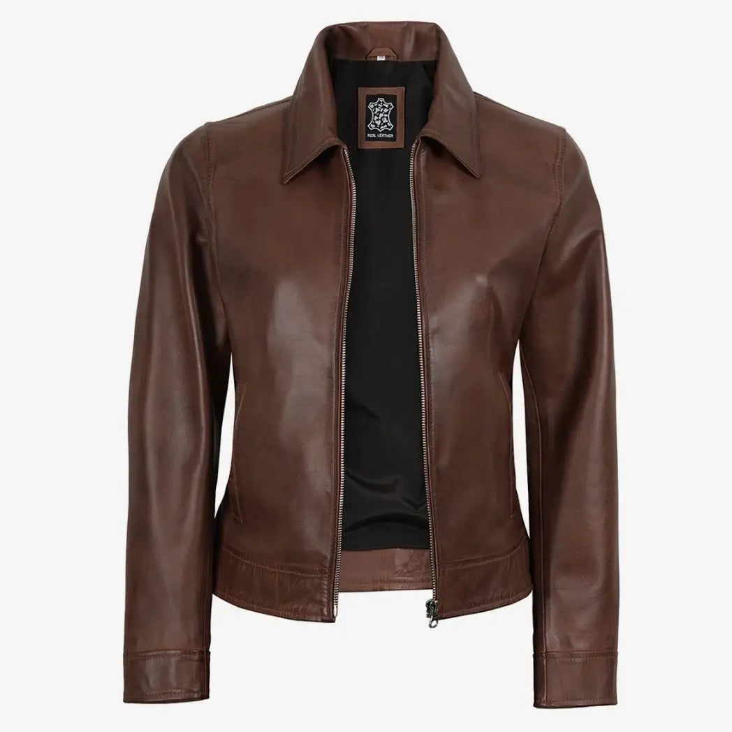 Women's Brown Cognac Waxed Real Lambskin Leather Jacket
