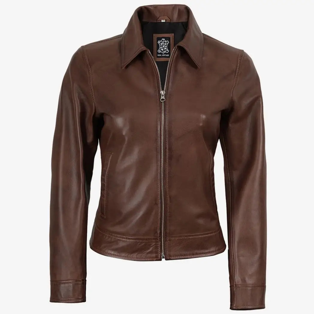 Women's Brown Cognac Waxed Real Lambskin Leather Jacket