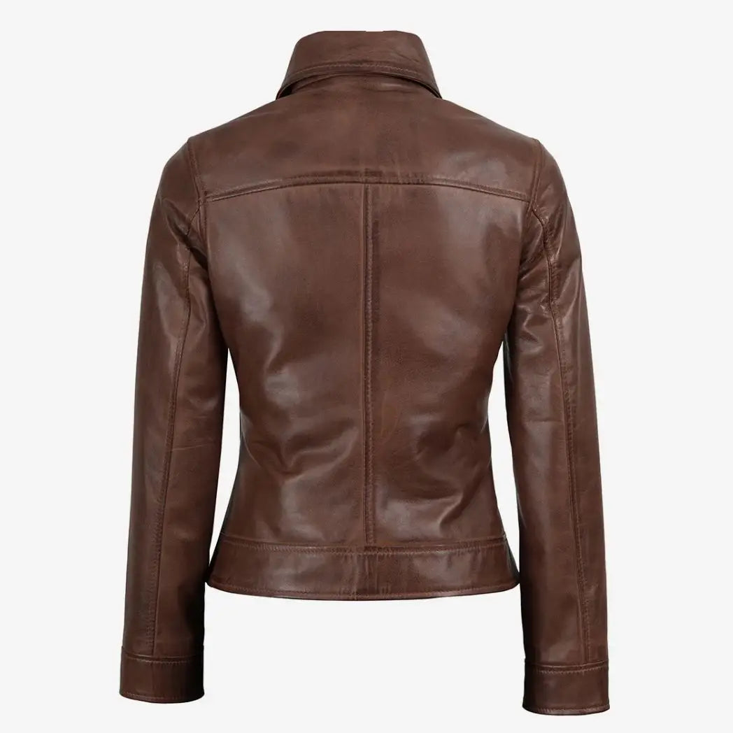 Women's Brown Cognac Waxed Real Lambskin Leather Jacket