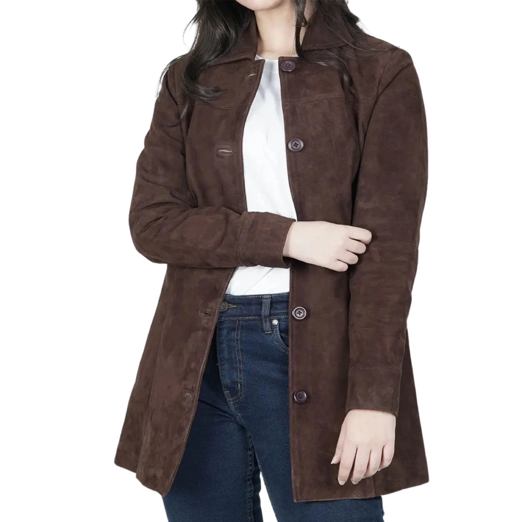 Women's Brown Suede Button Down Coat