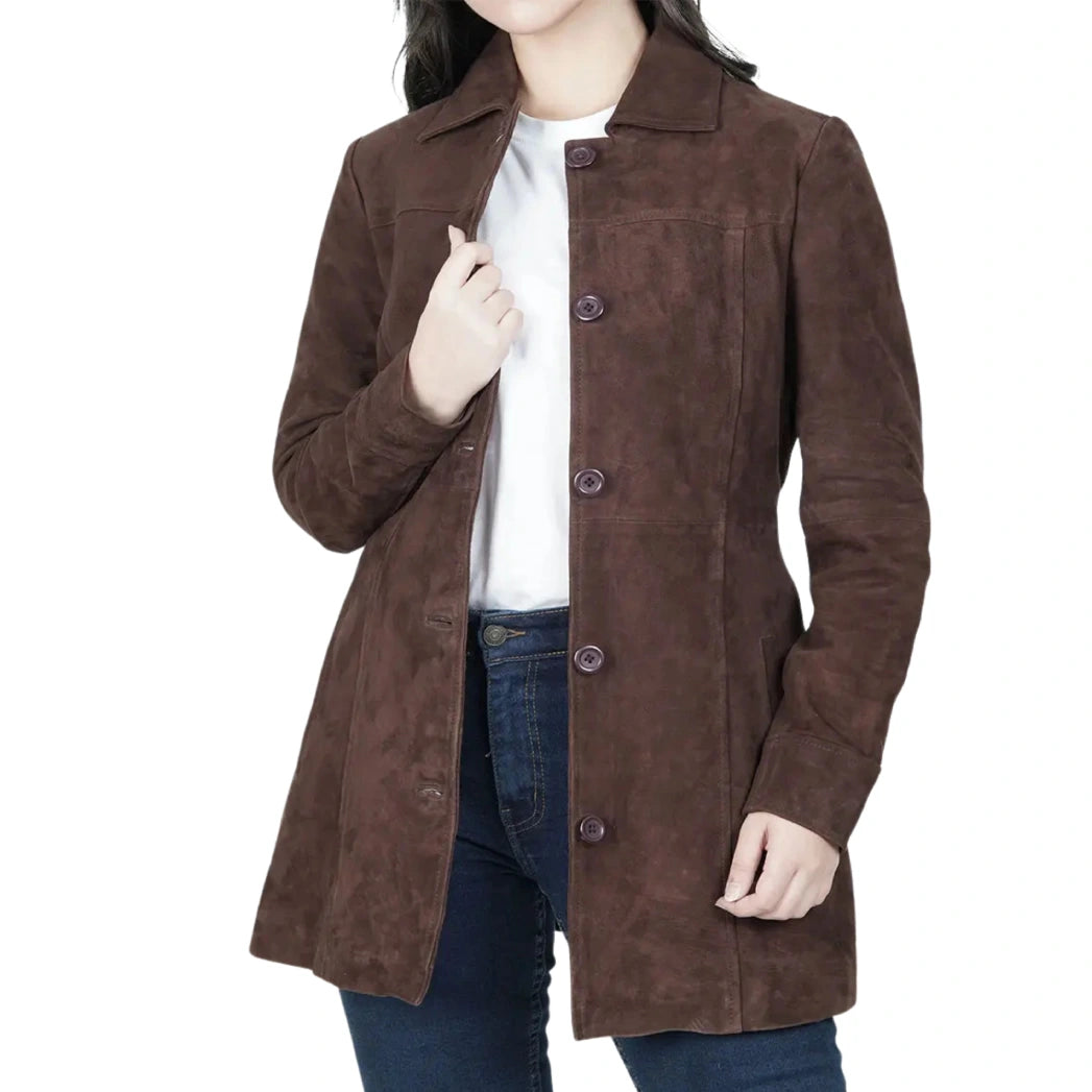 Women's Brown Suede Button Down Coat