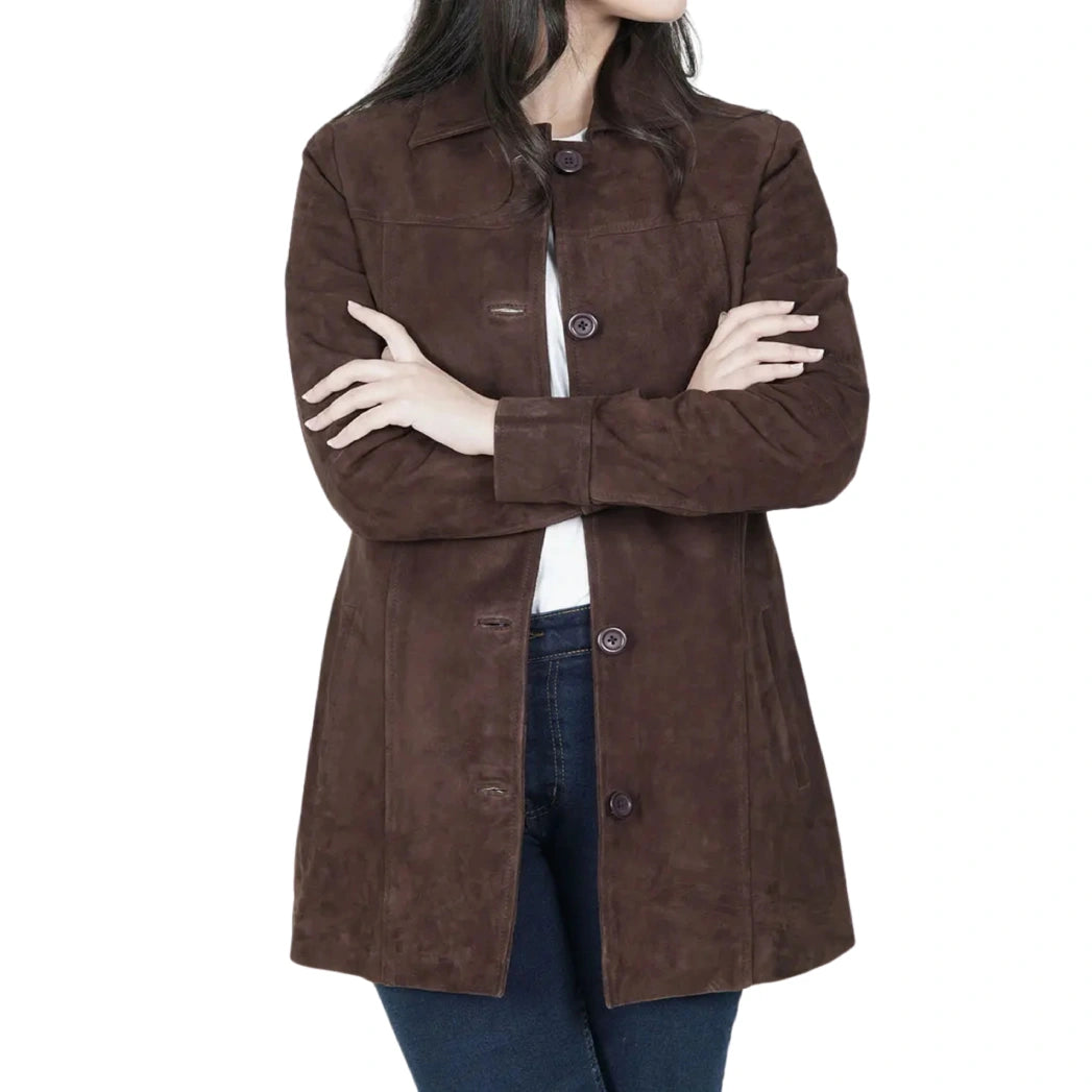 Women's Brown Suede Button Down Coat