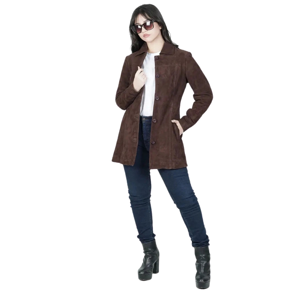 Women's Brown Suede Button Down Coat